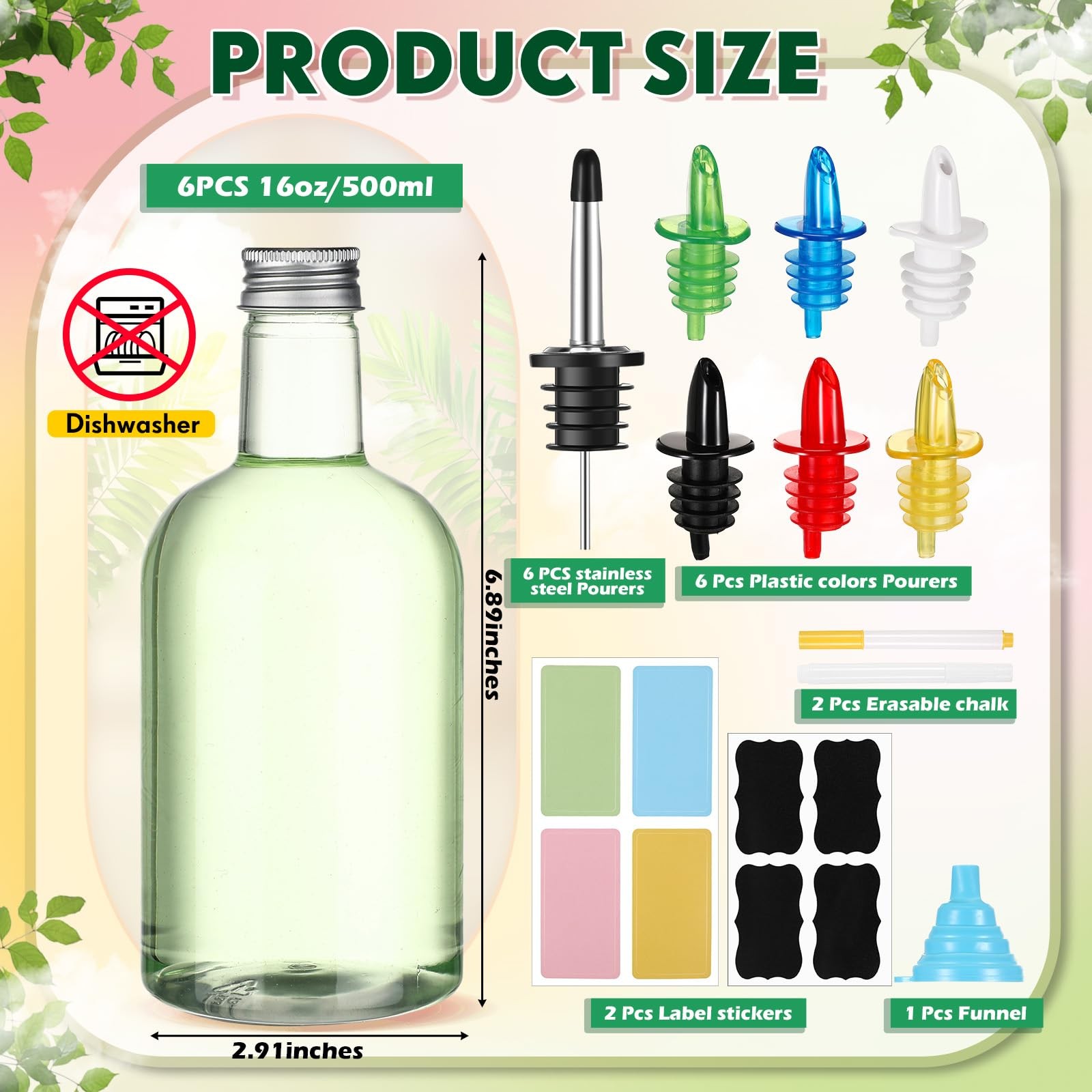 6 Set 16 oz Plastic Long Neck Bottles with Rainbow Pourer and Caps Plastic Ju…