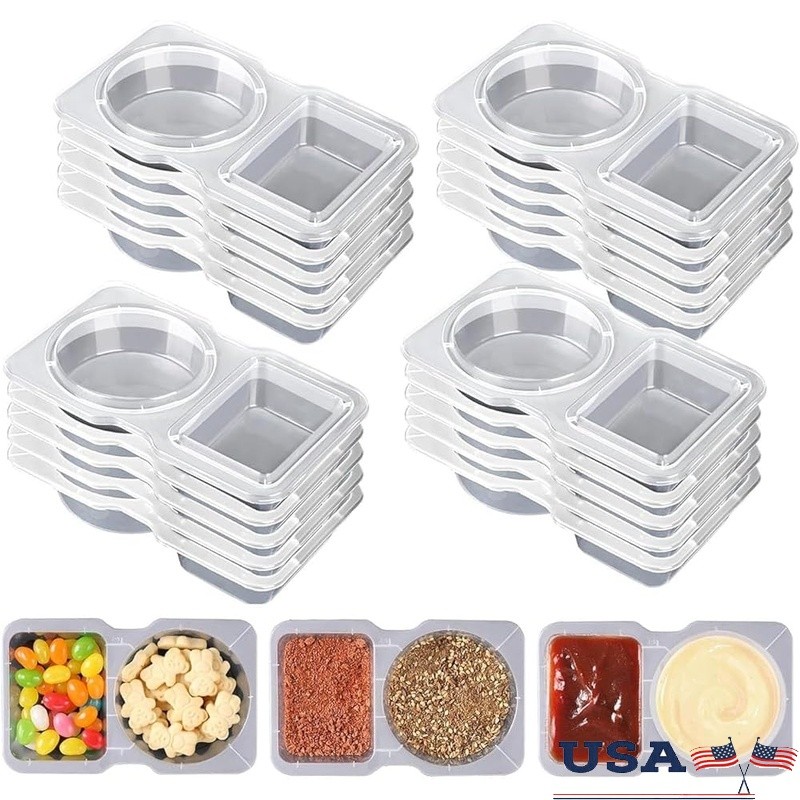 6 PCS Double Compartment Condiment Containers Reusable Sauce Storage Cups New