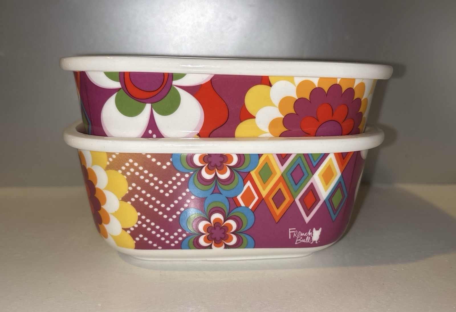 French Bull Mosaic 9.1oz Square Porcelain Food Storage Container Microwave Safe