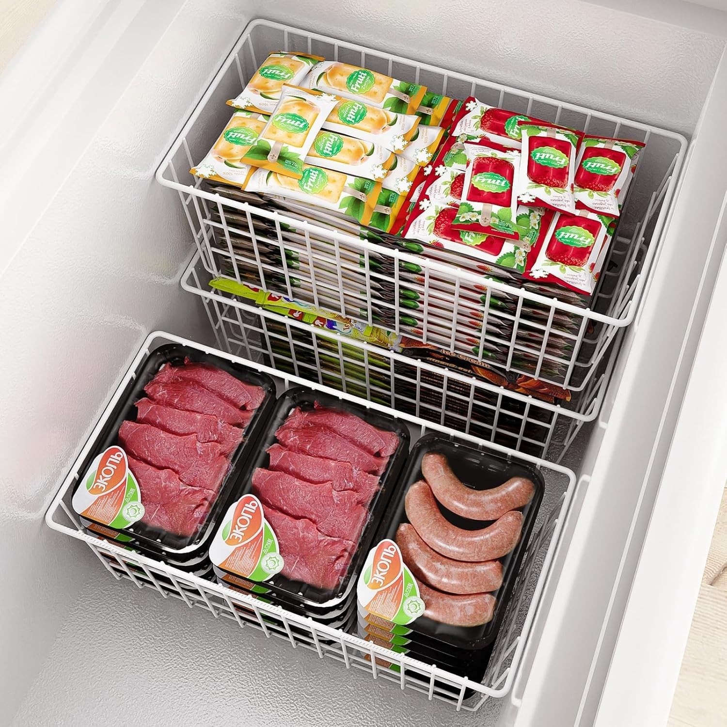 Freezer Organizer Bins 5 Pcs – Sturdy White Metal Baskets, 570 Cu In Capacity