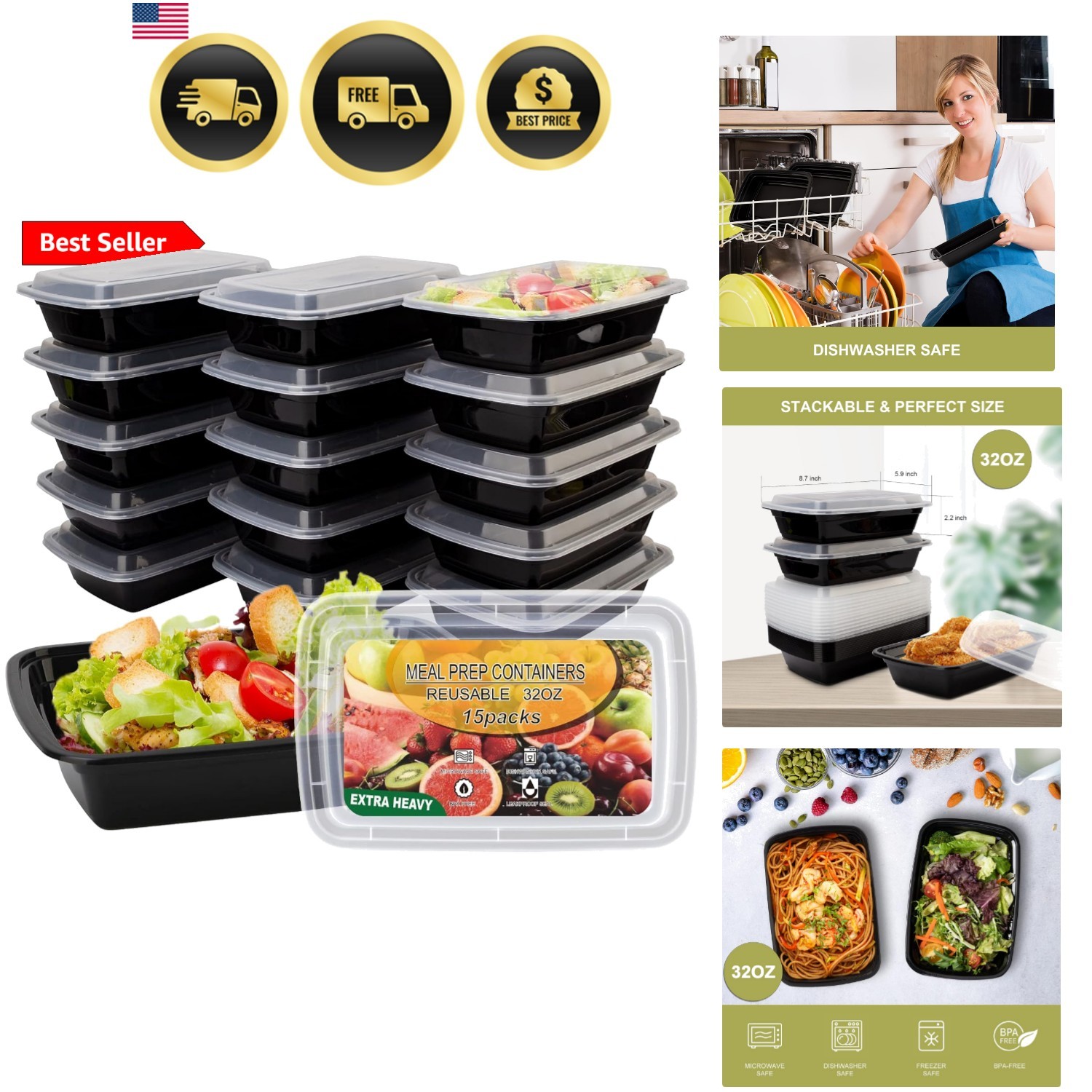 15 Pack- Meal Prep Containers 32oz, Plastic Food Prep Containers Reusable, Le…