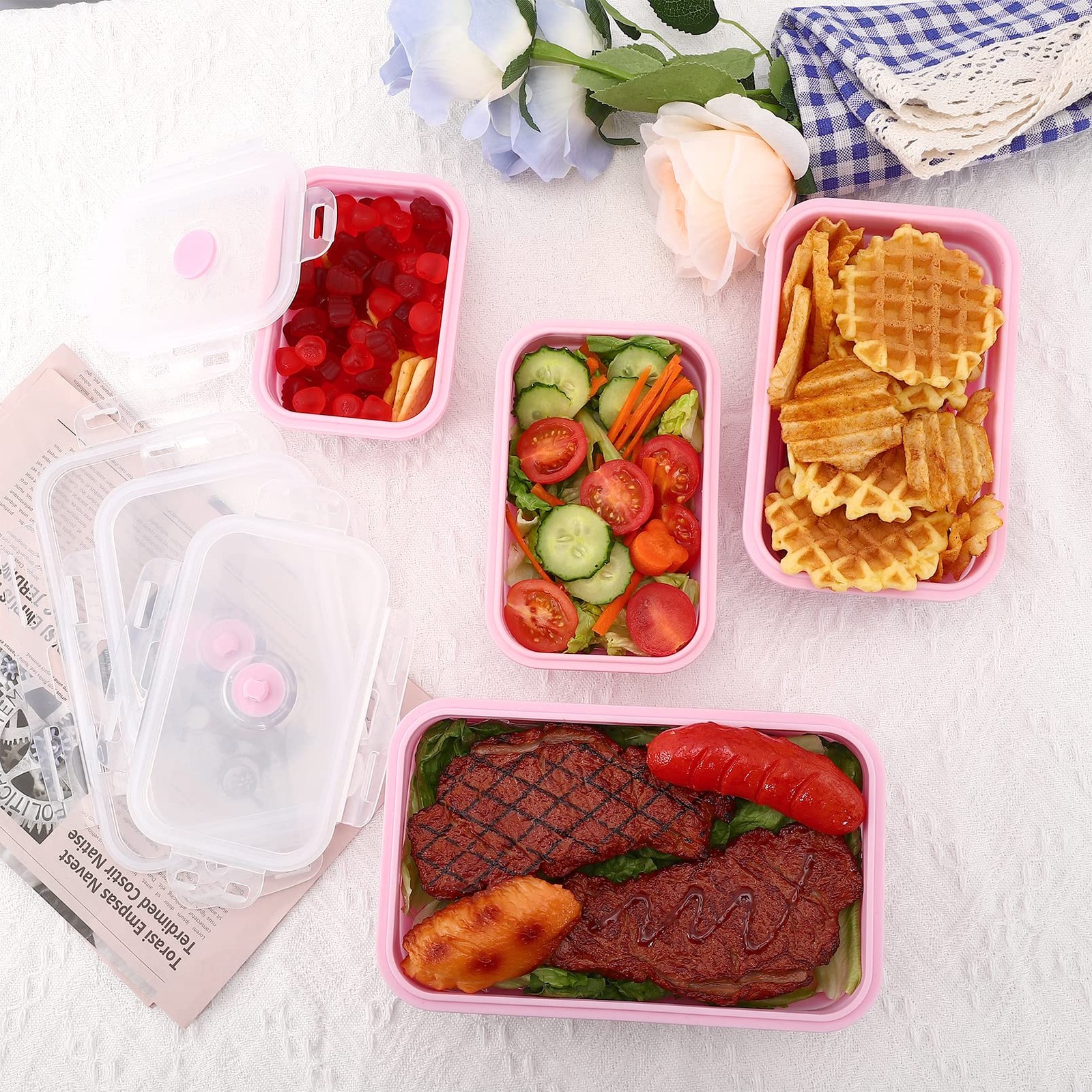 Collapsible Silicone Food Storage Containers with Lids,Set of 3 Silicone Lunc…