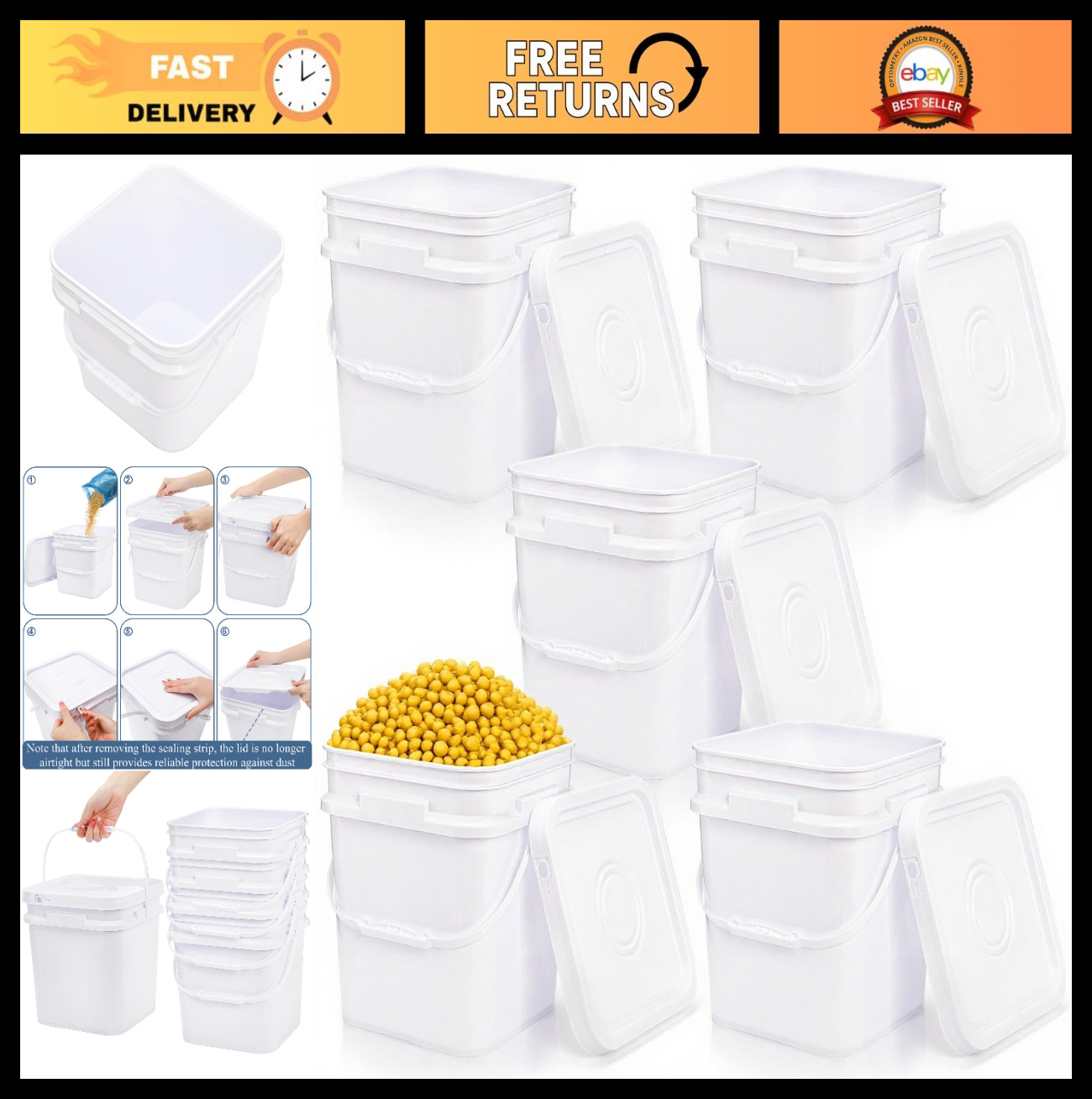 5 Pcs 3.2 Gallon Food Grade Buckets with Lids, Square Plastic Pails for Storage,