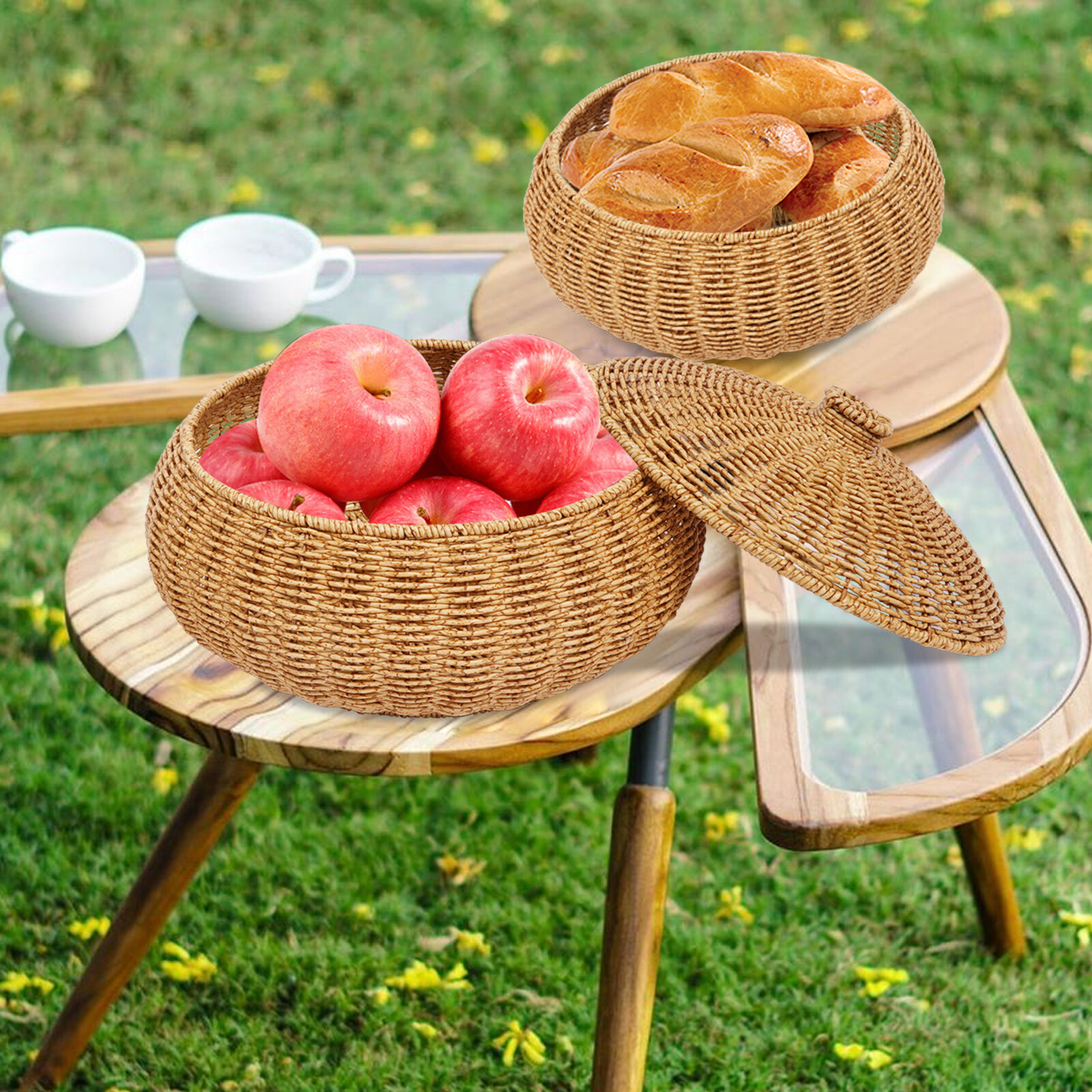 2PCS Vintage Farmhouse Round Hand Woven Storage Basket with Lids for Home