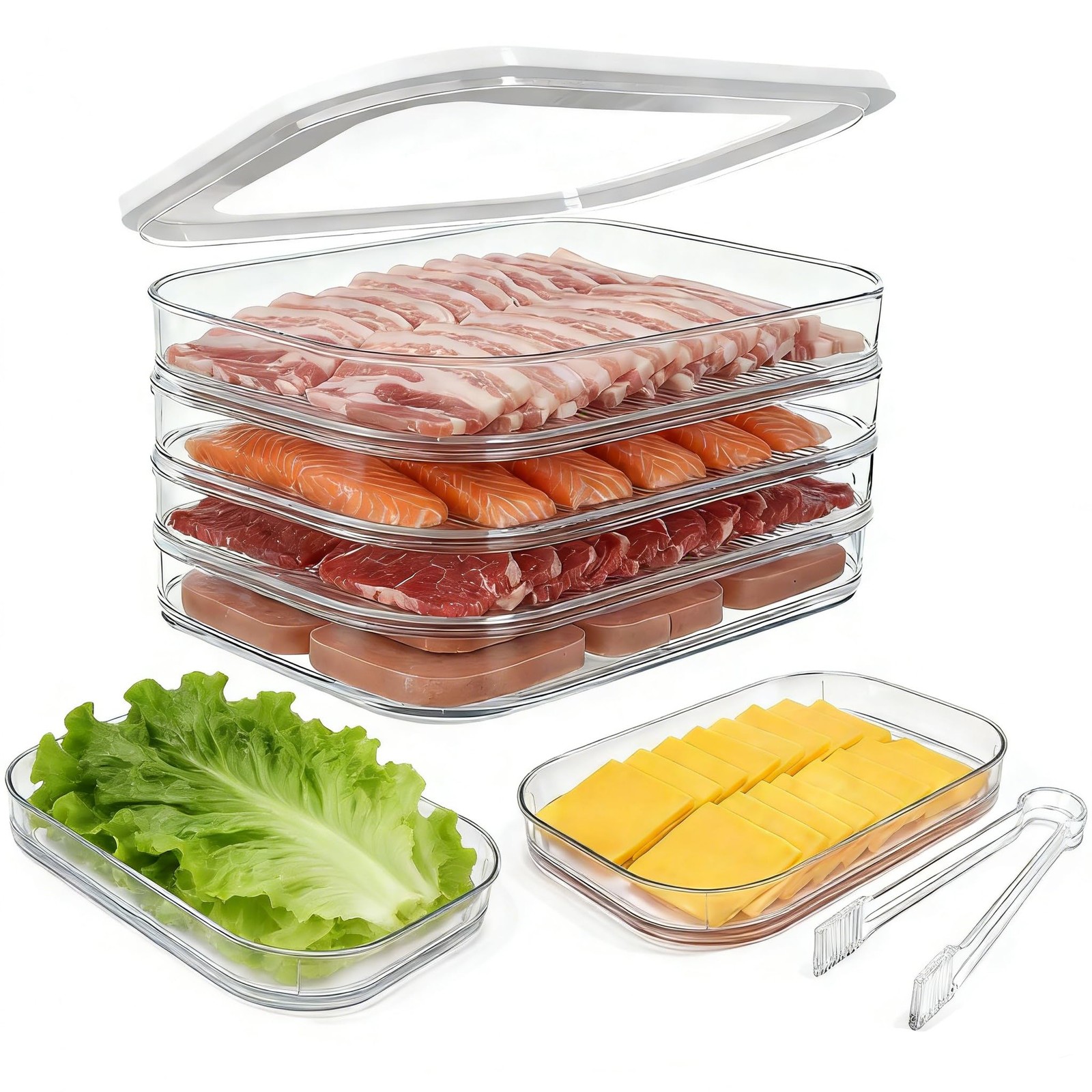 Deli Meat Container for Fridge with Lid, 4-Layer Stackable Bacon Container fo…