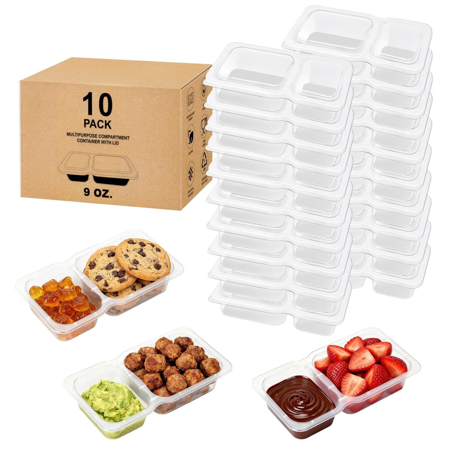 9 OZ Double Compartment Snack Containers, 10 Sets Bigger Reusable Clear Snack…