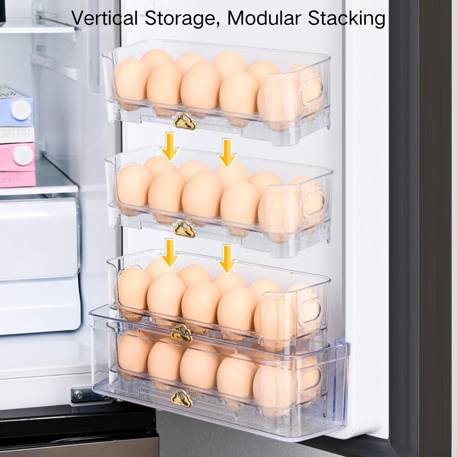 Stackable Egg Holder for Refrigerator Side Door, Slim 4-Tier Modular Egg Orga…