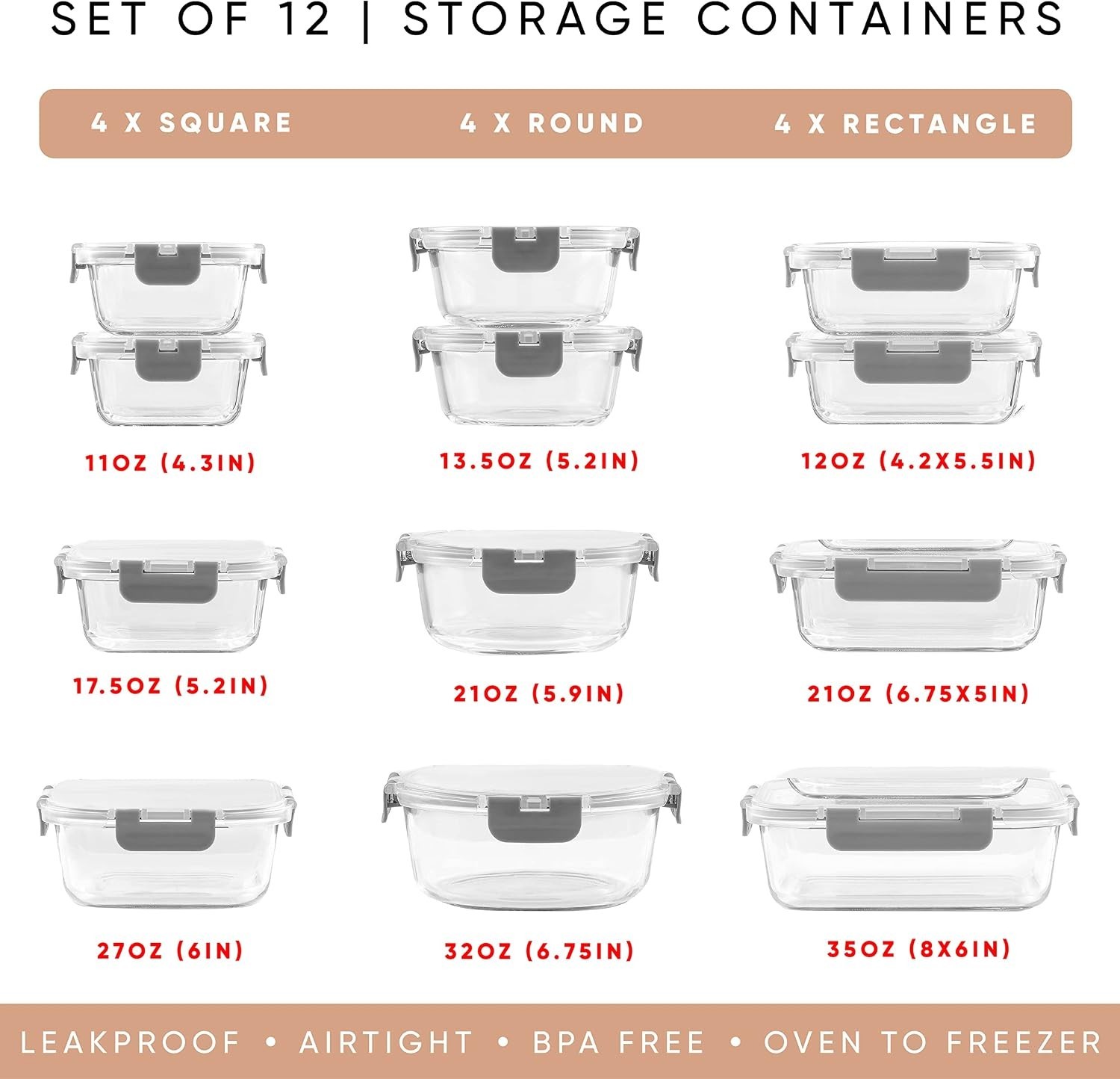 24pc Borosilicate Glass Storage Containers with Lids | 12 Airtight/Freezer Sa…