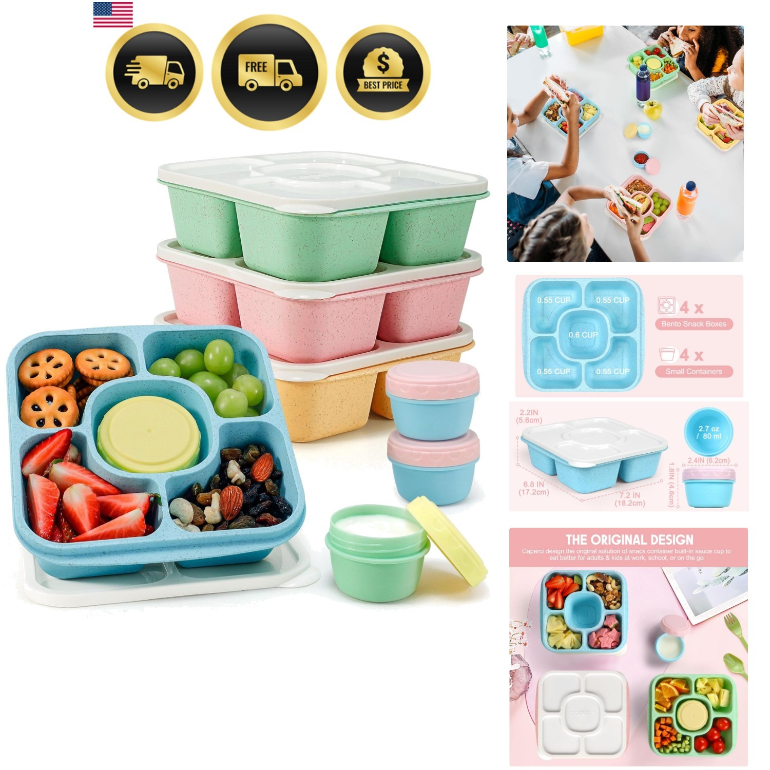 Lunchable Snack Containers for Kids & Adults – 5 Compartments Bento Snack Box…
