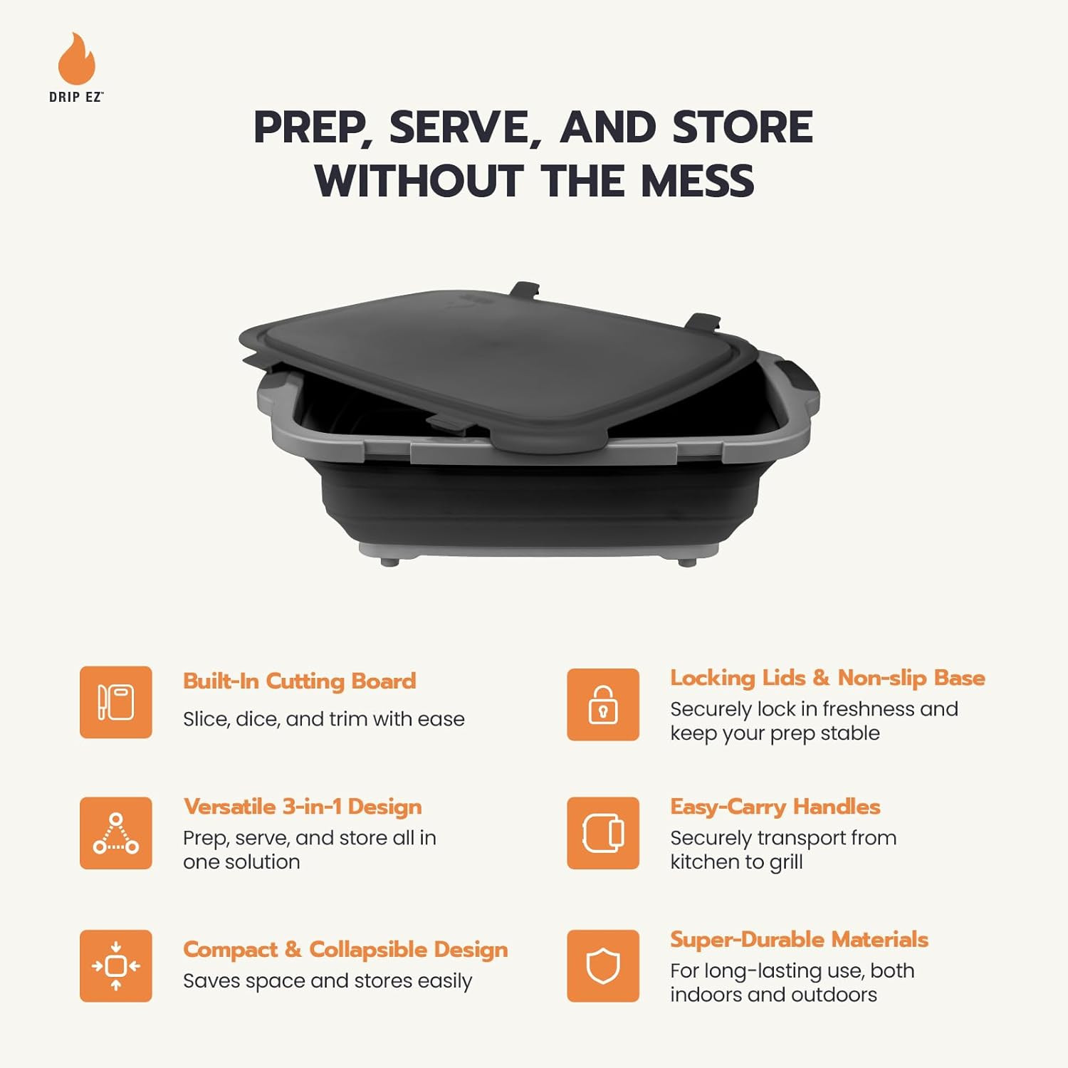 XL Collapsible BBQ Prep Tub with Cutting Board & Locking Lid – Black