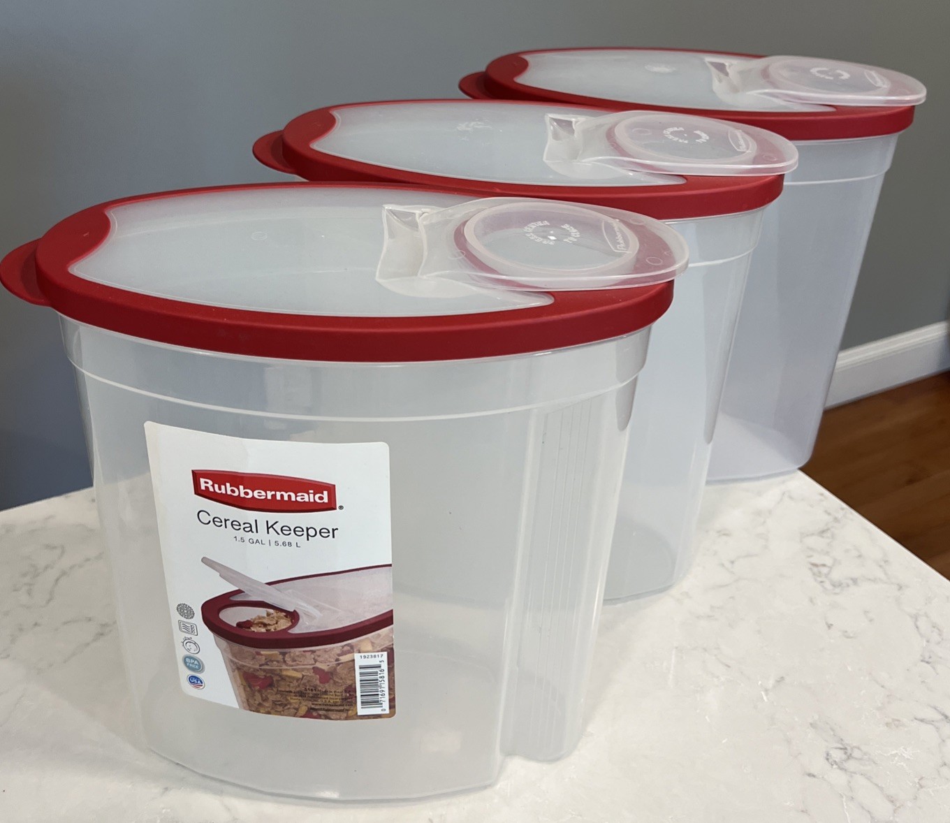 Lot Of 3 Rubbermaid, 1.5 Gallon, Clear, Cereal Keeper, With Red Lid 5161