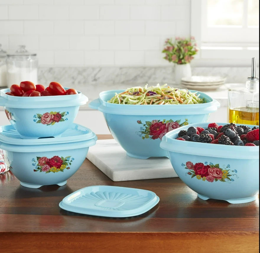 Woman 8-Piece Sweet Rose Floral Blue Kitchen Food Storage Containers