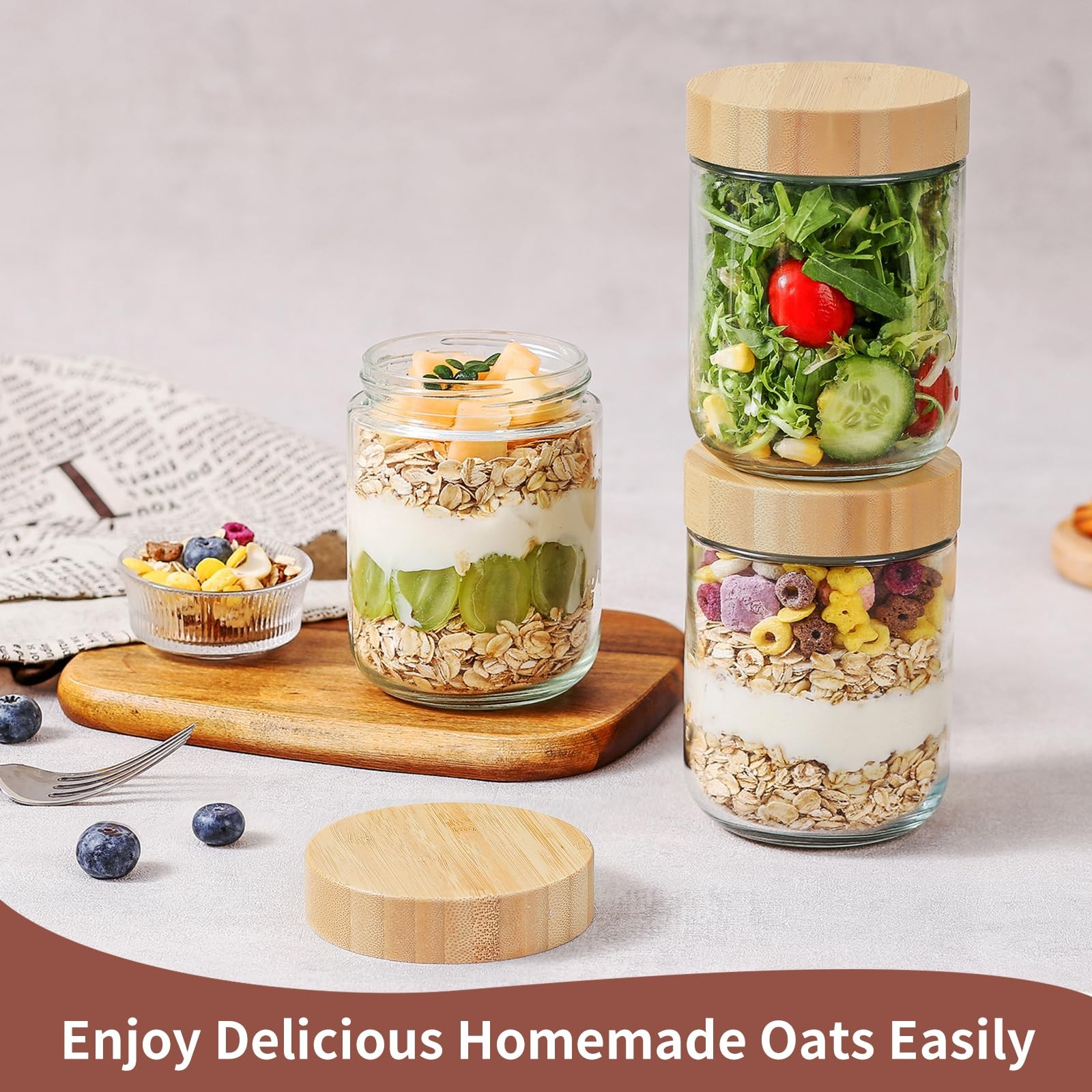16 Oz Overnight Oats Containers with Lids – 4 Pack Glass Storage Jars with Ai…