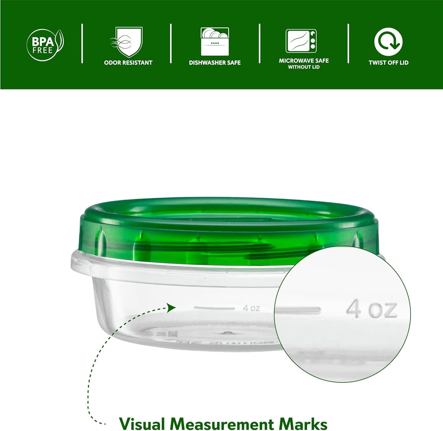 (8 Ounce 10 Pack) Twist Cap Containers Clear Bottom with Green Top Screw on Lids