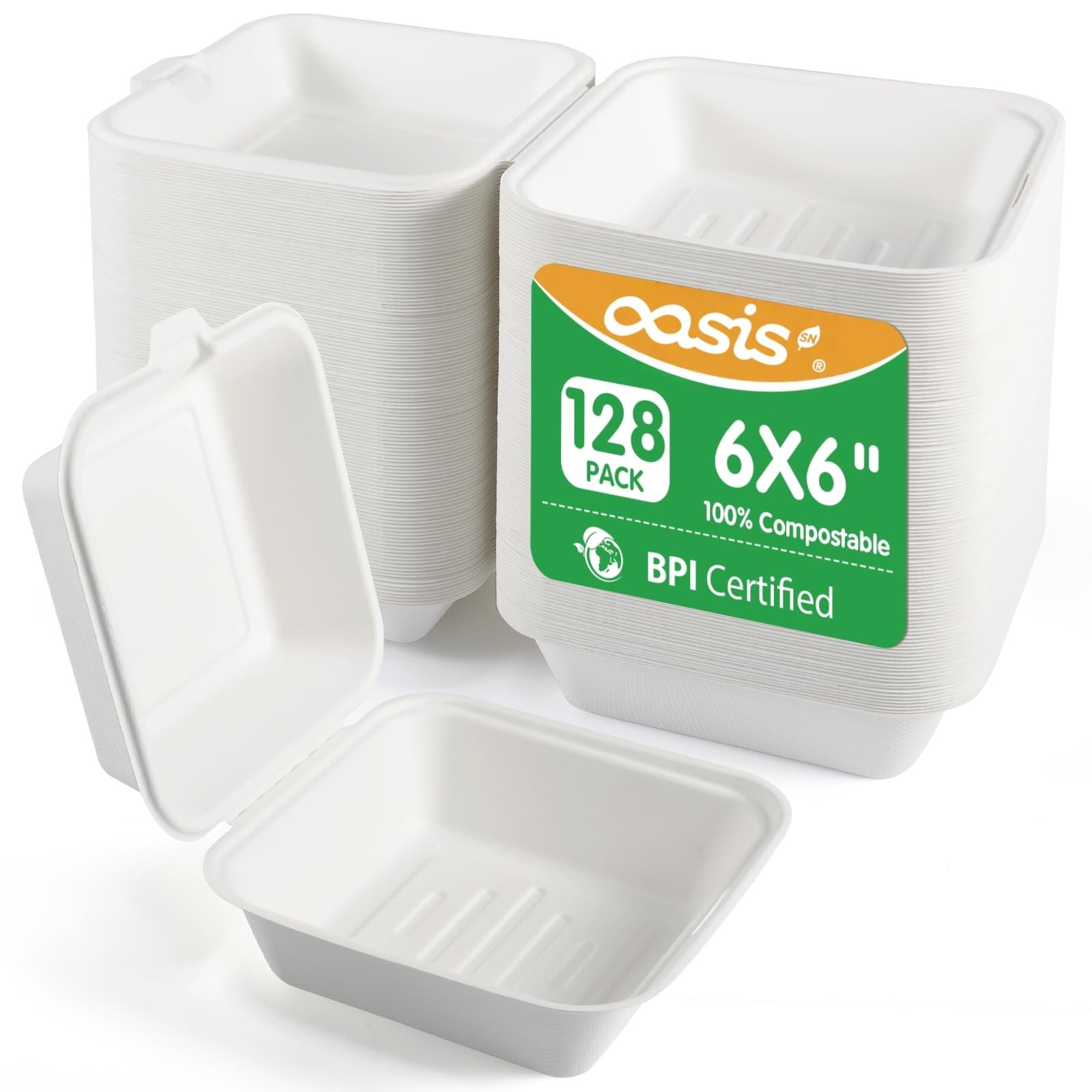 𝟲𝘅𝟲”, 𝟭𝟮𝟴-𝗣𝗮𝗰𝗸 Compostable Clamshell Take Out Food Containers, Biod…