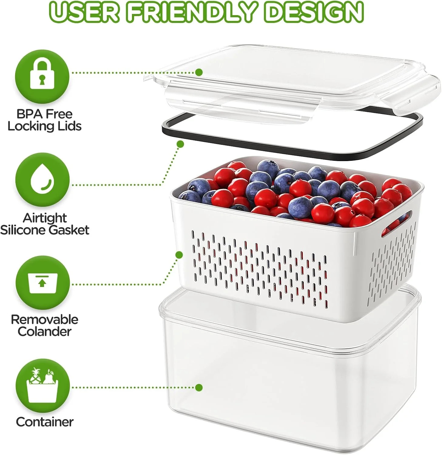 4 PCS Fruit Storage Containers for Fridge, Produce Containers for Fridge with Re