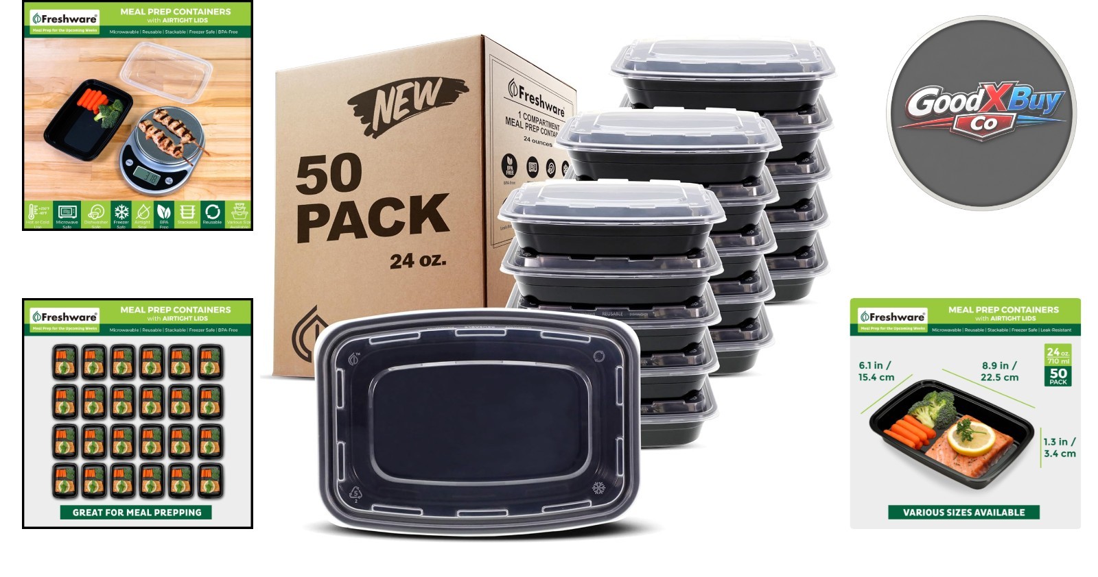 Meal Prep Containers 50 Pack 24oz BPA Free Microwave Dishwasher Safe Black