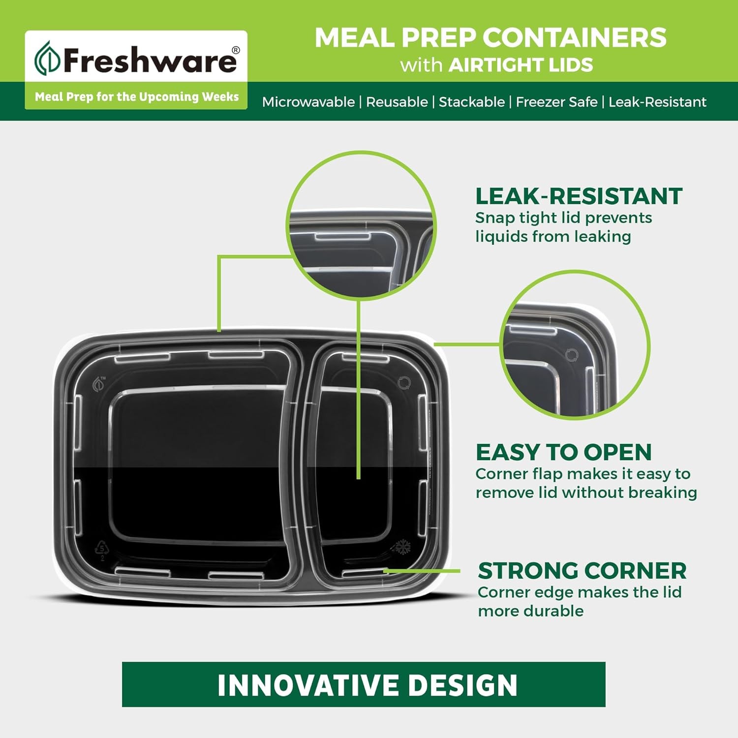 Freshware Meal Prep Containers [50 Pack] 2 Compartment with Lids, Food Storage C