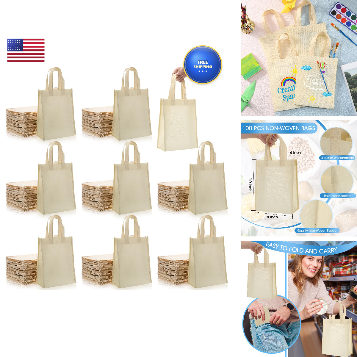 Jexine 100 Pcs Non Woven Bags Reusable Gift Bag Handles Shopping Tote Grocery