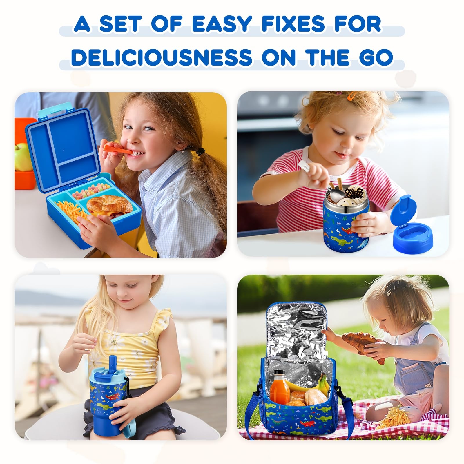 Pawtong Lunch Box Set with Bento Container, 17OZ Small, Blue-Dinasour