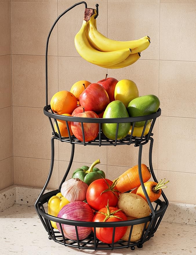 SAYZH 2-Tier Fruit Basket Bowl Stackable 2 Tiers (10.7”+11.8”）, Black