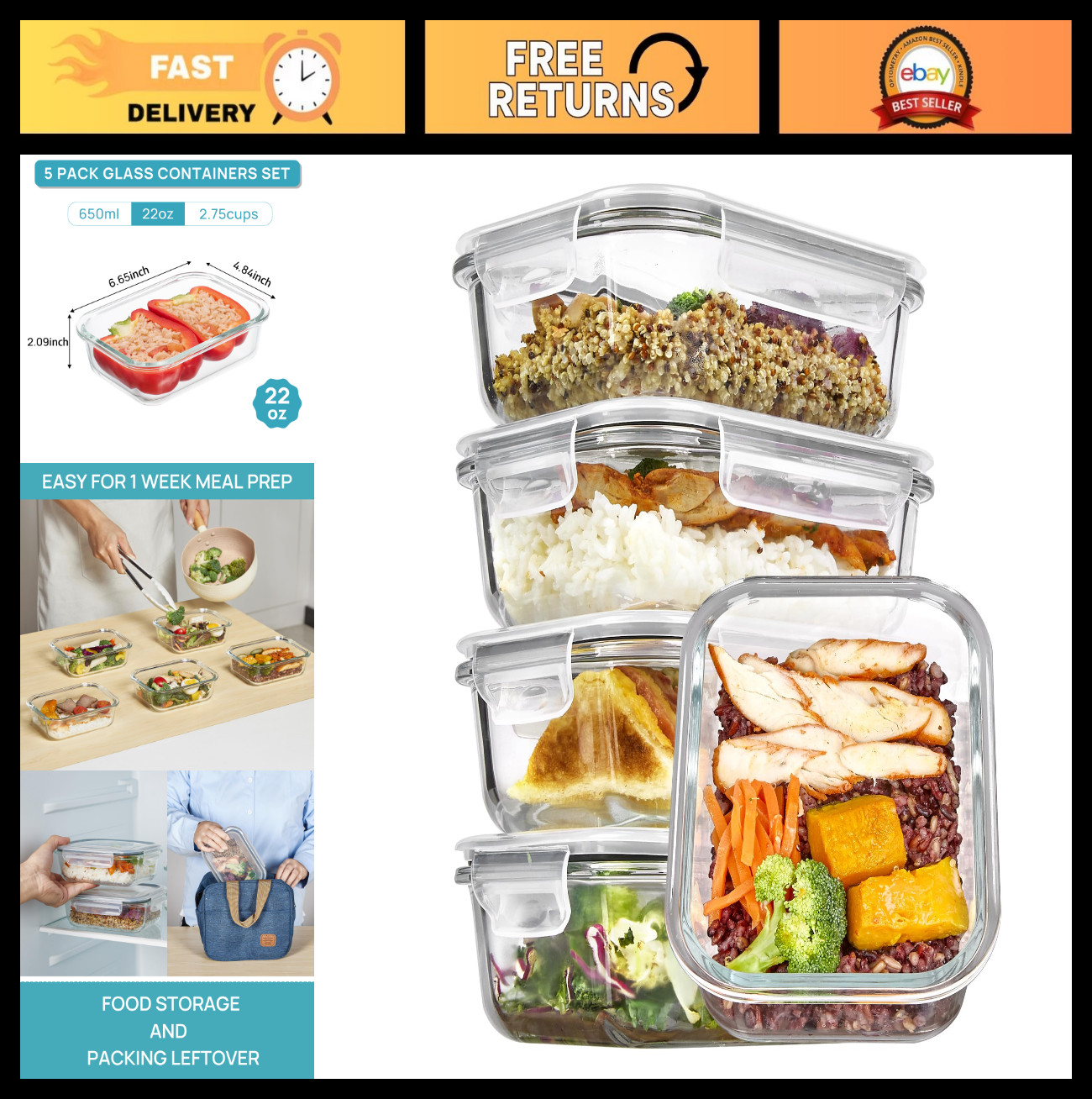 5-Pack 22oz Glass Storage Containers with Airtight Lids for Meal Prep, Microwave