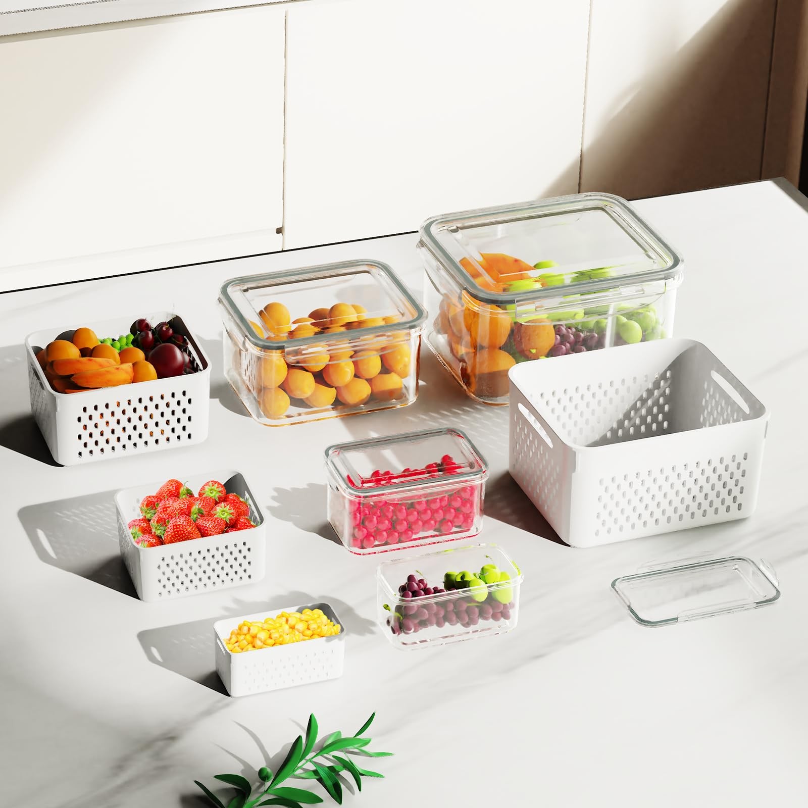 4 Pcs Fruit Storage Containers for Fridge (with Drain Basket) – Leak-Proof Fo…