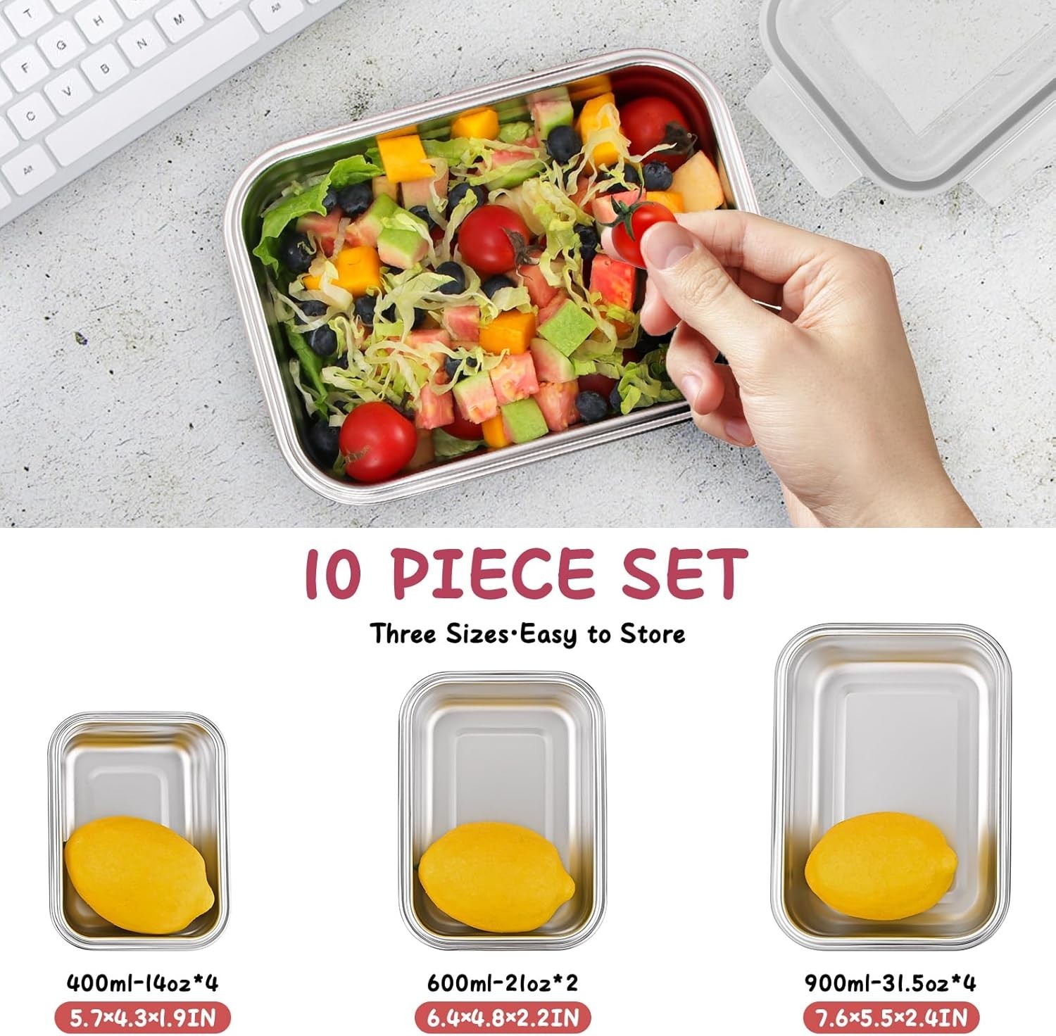 10 PC Square 304 Stainless Steel Food Containers W/ Lids Airtight Bento Lunch