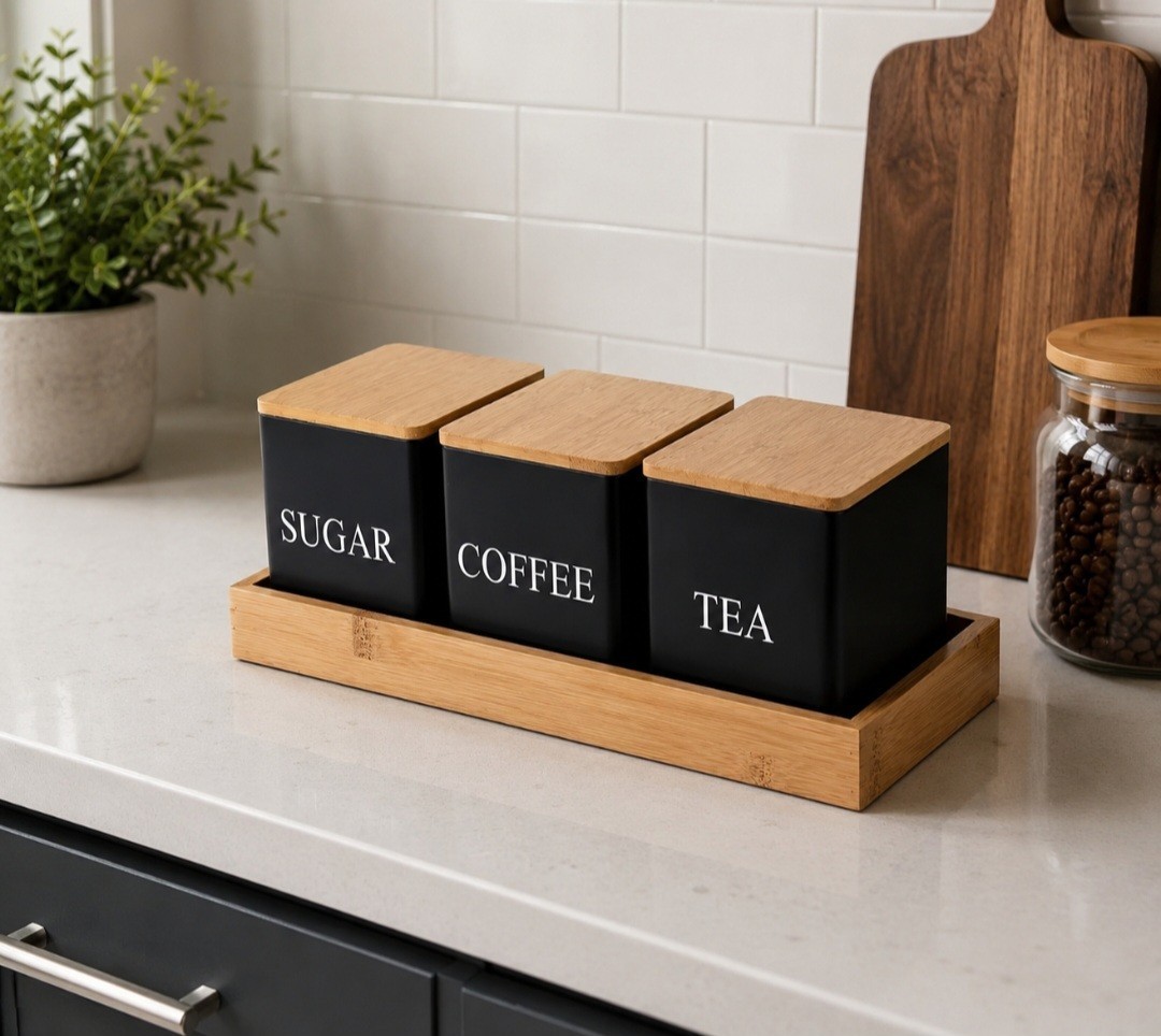 3Pcs/Set 500ml Black Metal Storage Containers with Bamboo Lids