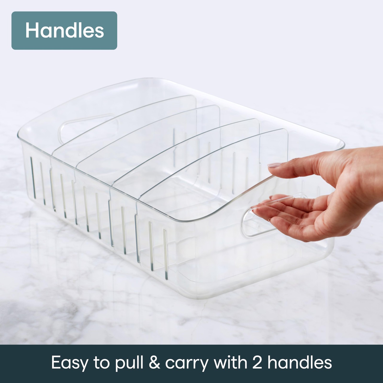 FreezeUp Freezer Bin 15″, BPA-Clear Fridge Organizer with Adjustable Dividers.