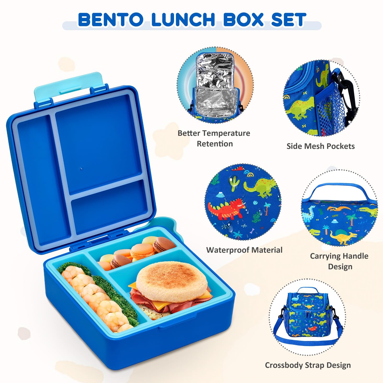 Pawtong Lunch Box Set with Bento Container, 17OZ Small, Blue-Dinasour