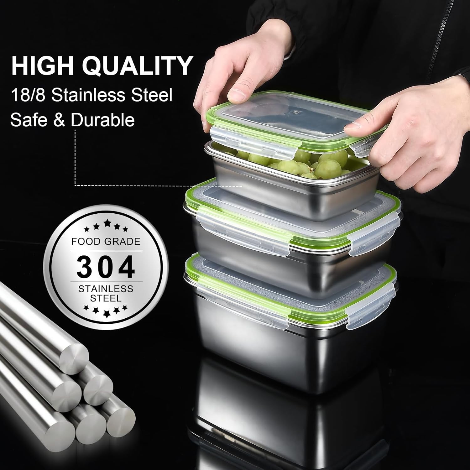 Stainless Steel Food Storage Containers, Leak Proof & Airtight Lids, Set of 9