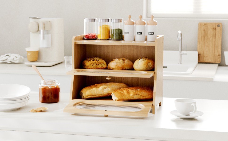 Bread Box,Extra Large 2-Tier Bamboo Bread Box for Kitchen Countertop,Bread