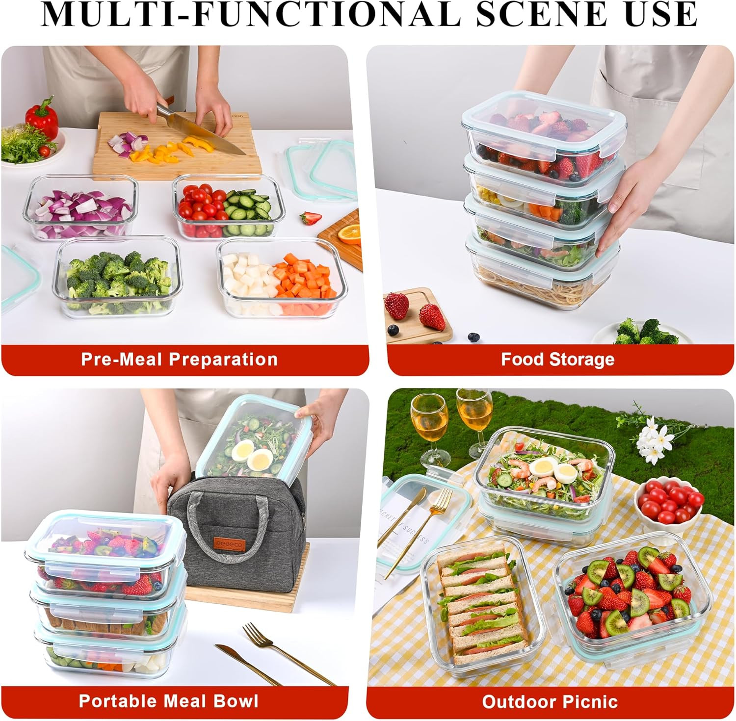 4 Pack 52Oz Large Glass Food Storage Containers with Lids, Meal Prep Containers