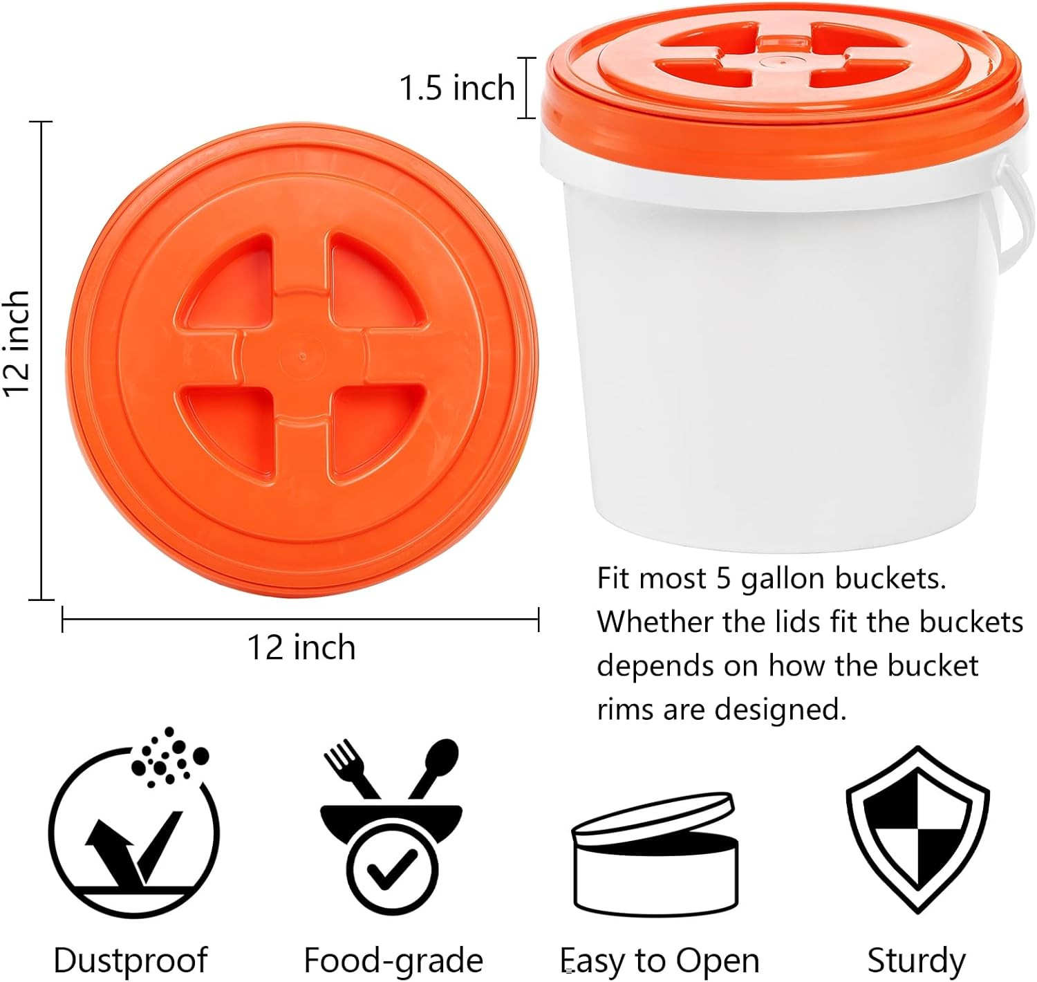 3 Pieces 5 Gallon Bucket Lids, 12 Inch Plastic Screw Top Seal Lids, Leak-Proof R
