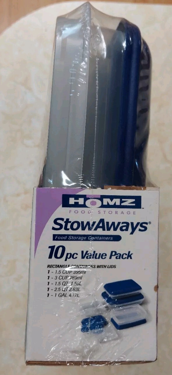 Vintage 1999 Homz StowAways Clear Plastic Food Storage Containers, 10 Pc Set NOS