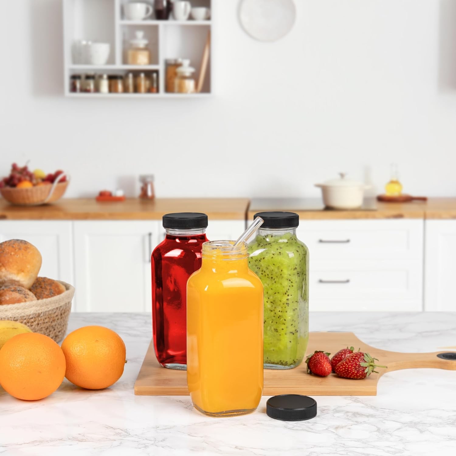 Juice Bottles with Lids, 16 Oz, Set of 3 | Clear Glass Jars with Caps, Reusable