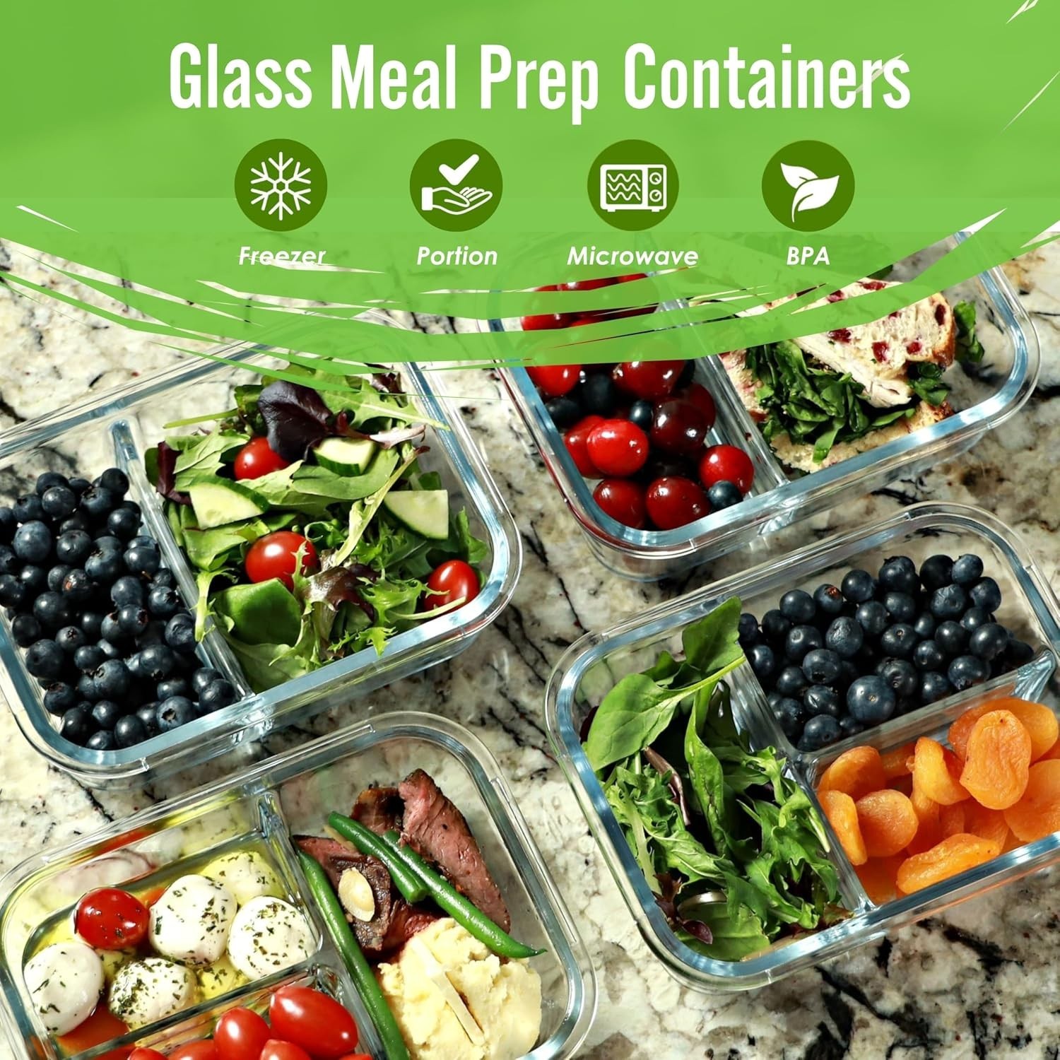 2 & 3 Compartment Glass Meal Prep Containers 4 Pack 32 oz Glass Food Storage