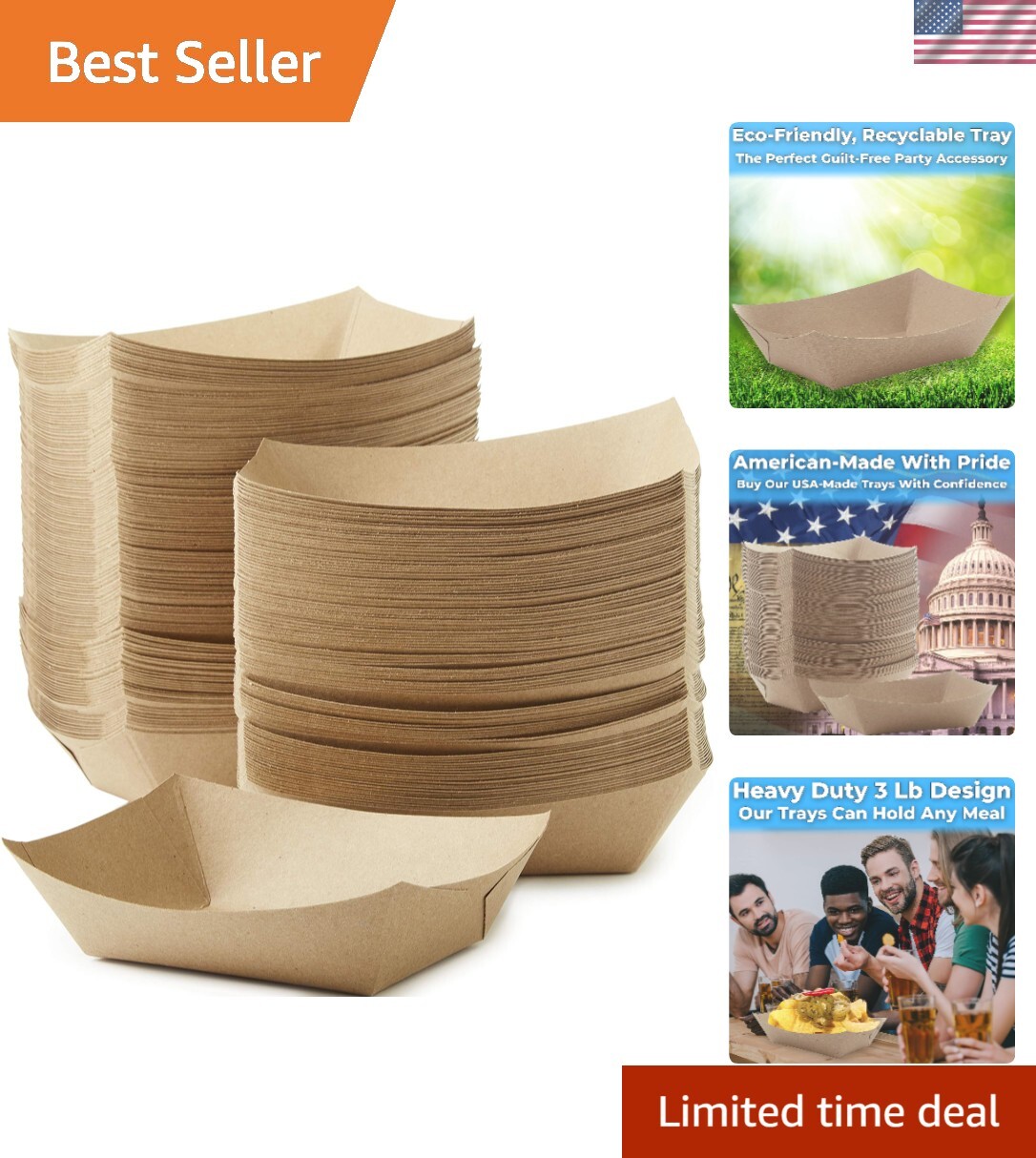 Eco Friendly -Made 3lb Food Holder Trays 500 Pk. Compostable Kraft Paper Cont…