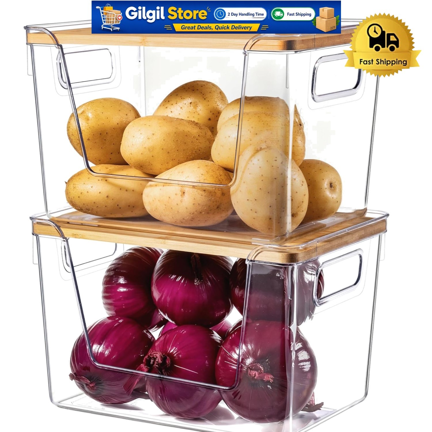 Eco-Friendly 2 Set Pantry Storage Bins with Natural Bamboo Lids – Versatile Use