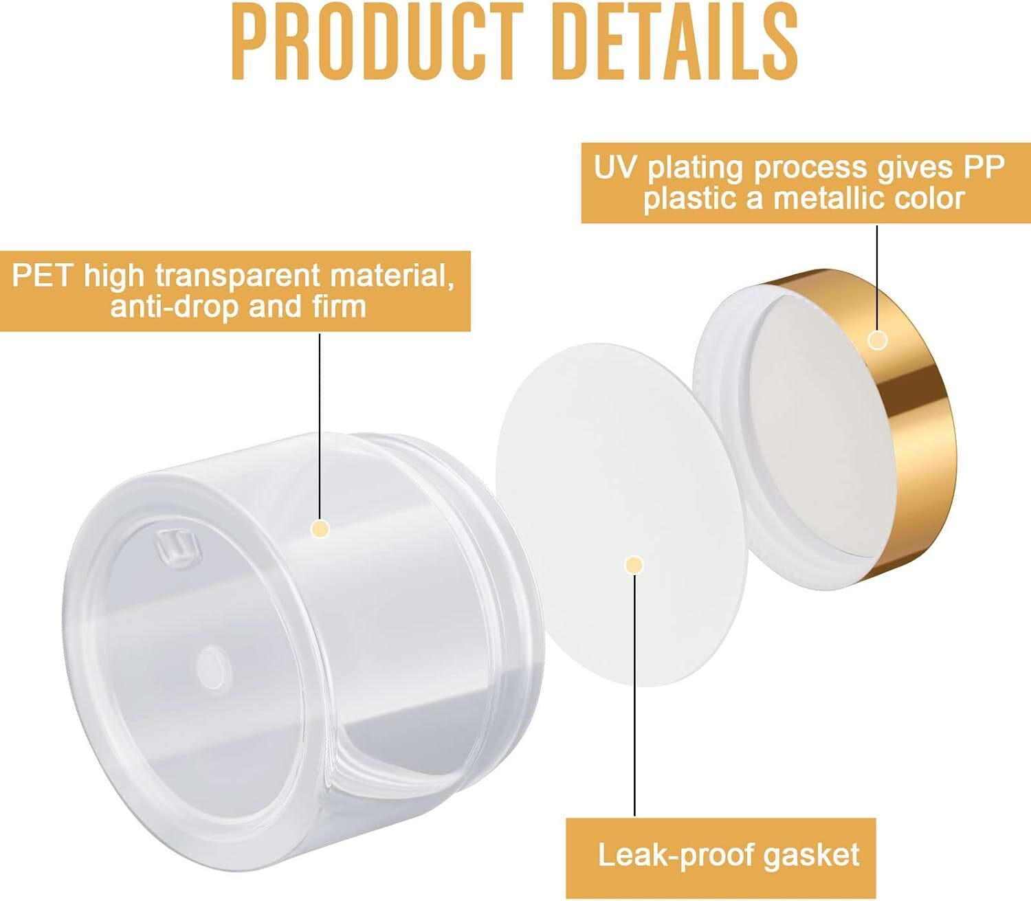SATINIOR 100 Pcs Plastic Jars with Lids Small Clear 2 oz, Gold Lid