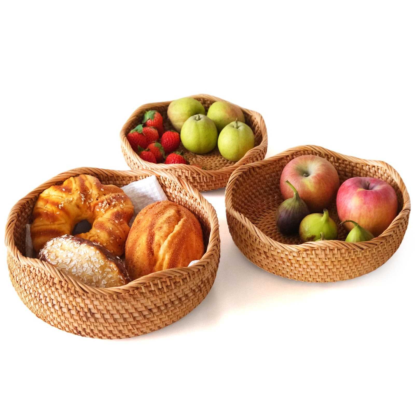 Rattan Bread Baskets Set of 3, Round Woven Serving Basket Bowls, Natural Wick…
