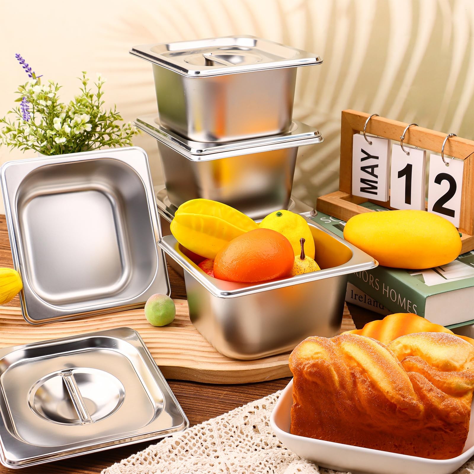 12 Set 1/6 Size Stainless Steel Hotel Pans with Lids 4″ Deep Steam Table Pan …