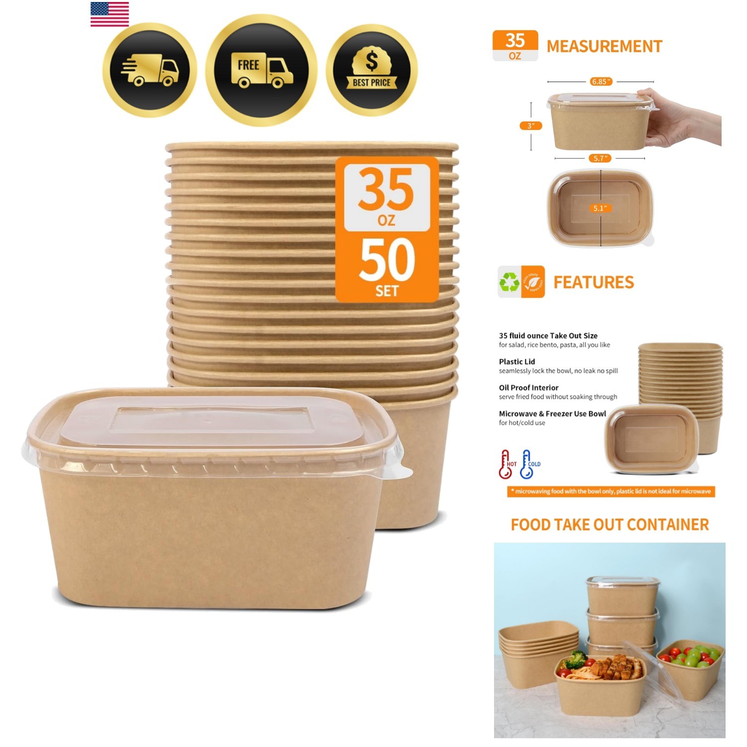 35 oz Paper Food Containers with Lids 50 Pack Meal Prep Containers | Disposab…