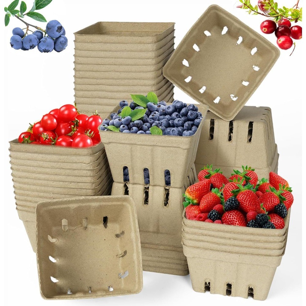 30 Pack Natural Pulp Fiber Berry Basket, Molded Produce Vented Basket Kitchen
