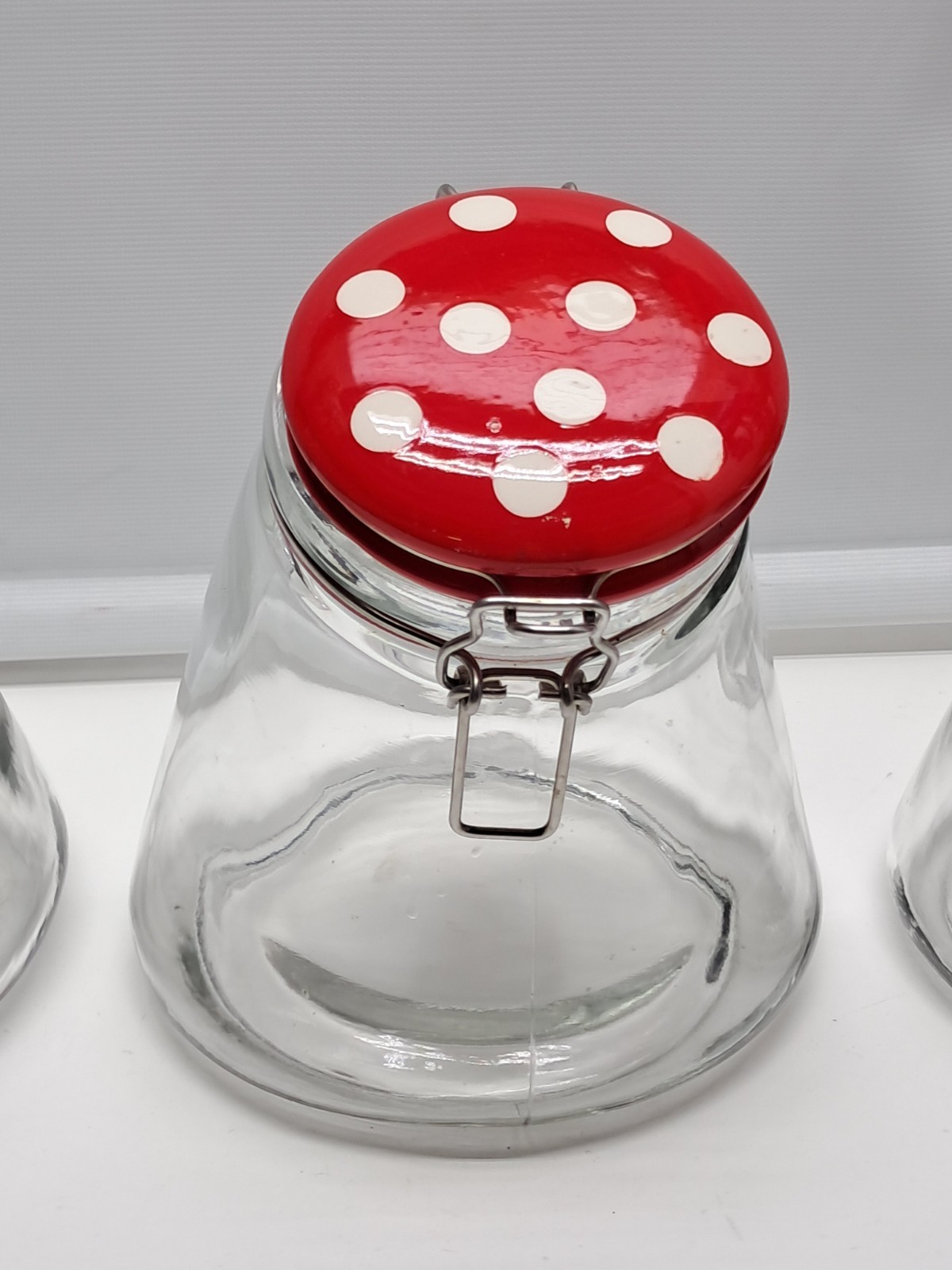 Vintage Set of 3 Amici Glass Tlited Lid Red Polka Sot Storage Canisters