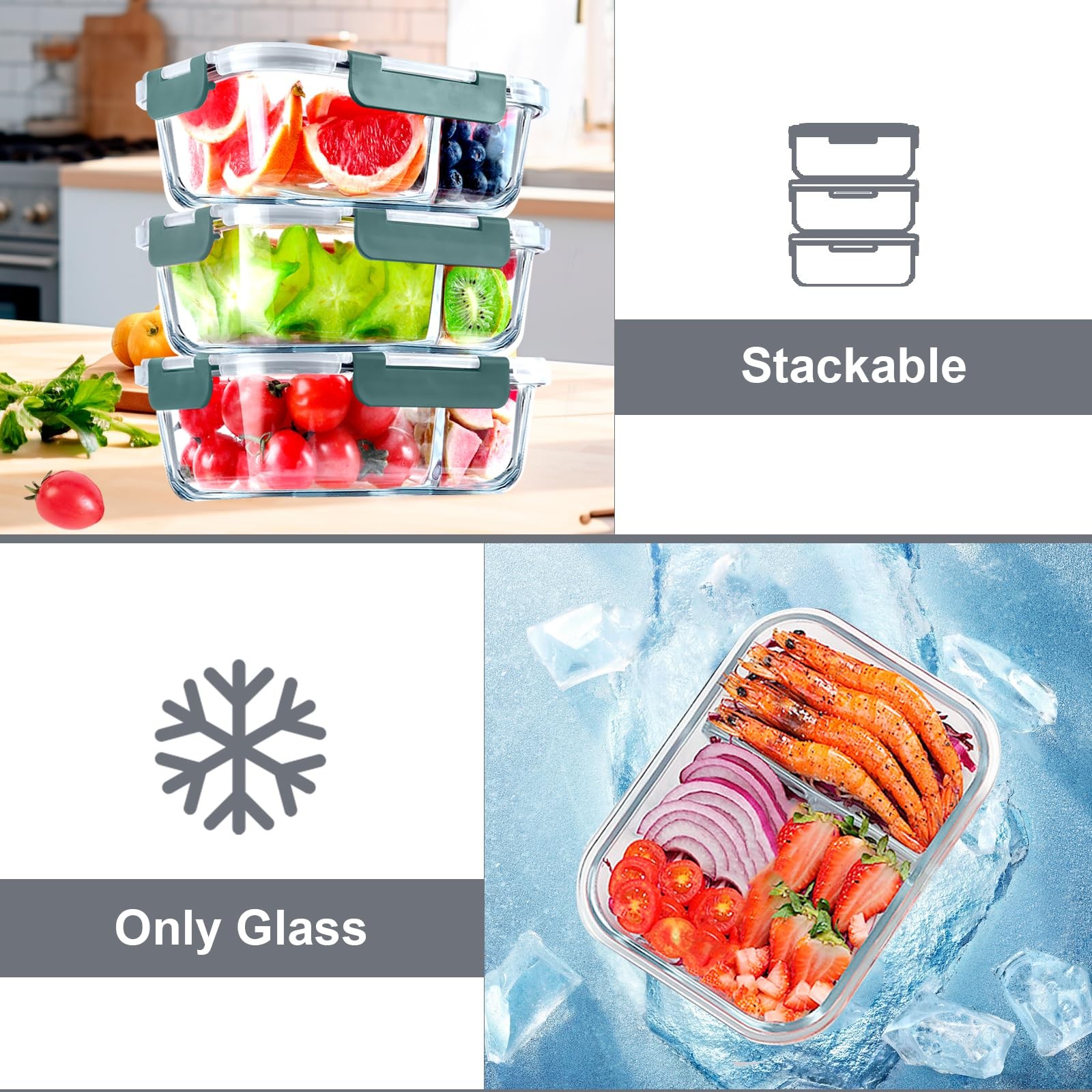 5 Pack Glass Meal Prep Containers 2 Compartment Set, 36OZ Airtight Glass Lunc…