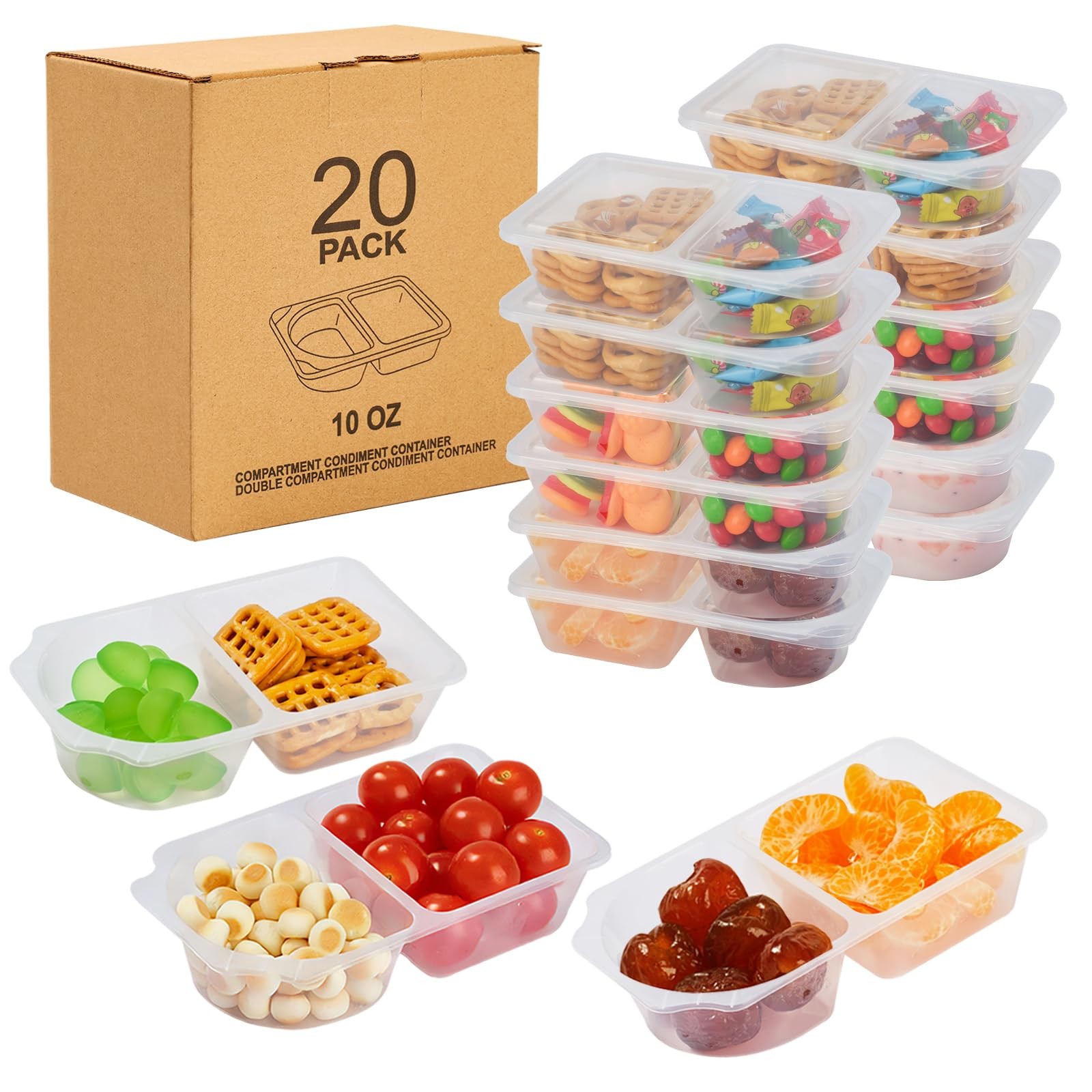 20 Pack 10 OZ Reusable Snack Containers with Lids,Disposable 2-Compartment Sn…