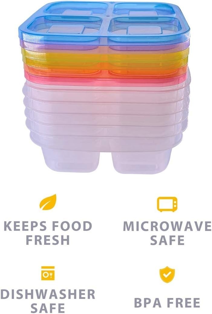 Classic Color 4-Compartment Meal Prep Containers: Set of 6, Microwave Safe