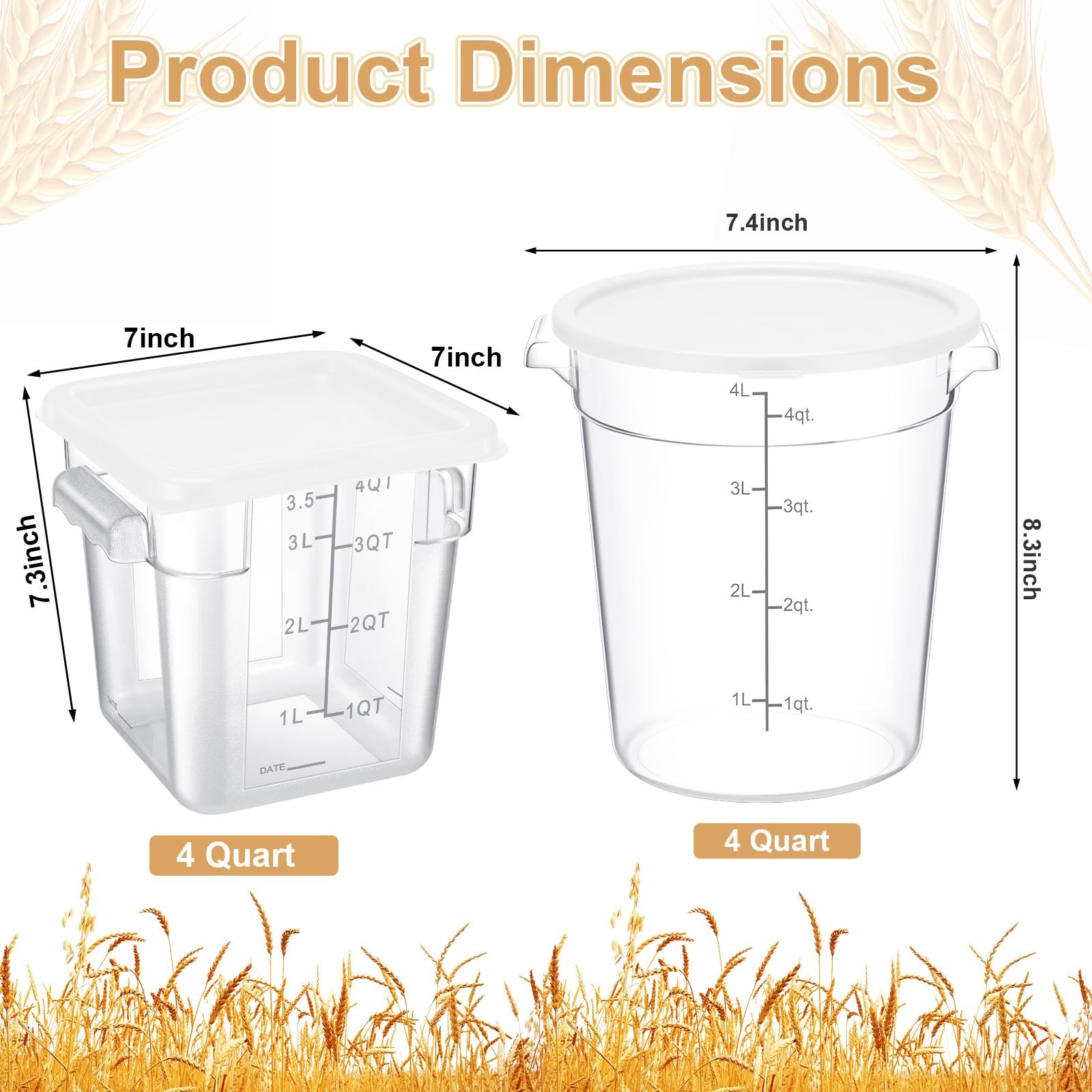 4 Pcs Food Storage Container with Lids Set 4 Qt Square and Round Clear PC Com…